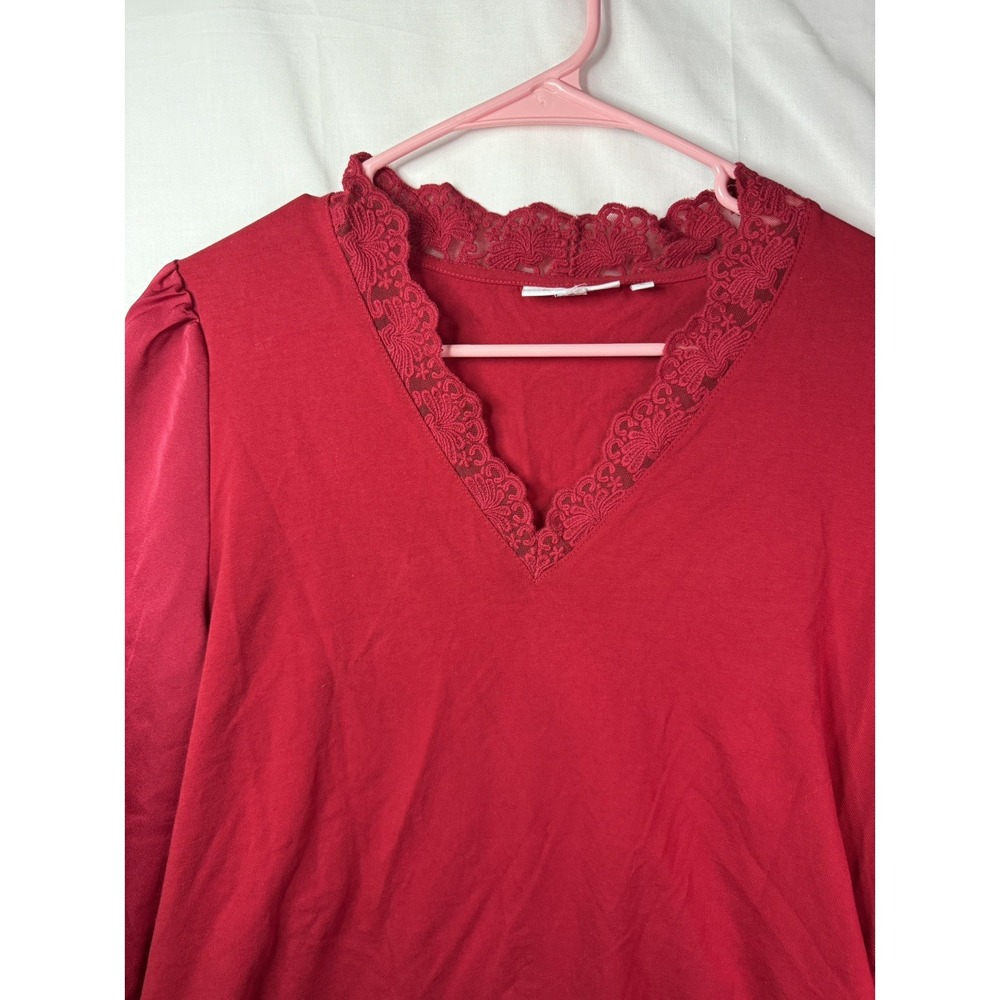 Women's Chicos Top Sz 1 US M Red Lace Accents Balloon Satin Sleeve V Neck - Picture 5 of 10